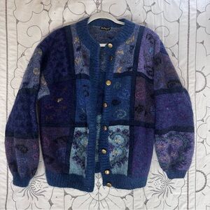 Multicolor Argentina WOOL Patchwork Cardigan - Blue and Purple size M vintage